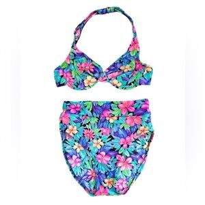 Vintage Floral Two Piece Bikini Swimsuit Neon 80s 90s medium by Le Cove